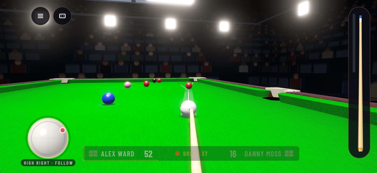 The cue view: the cue lined up behind the cue ball, the aim on a red and the colours down the table under the arena lights.