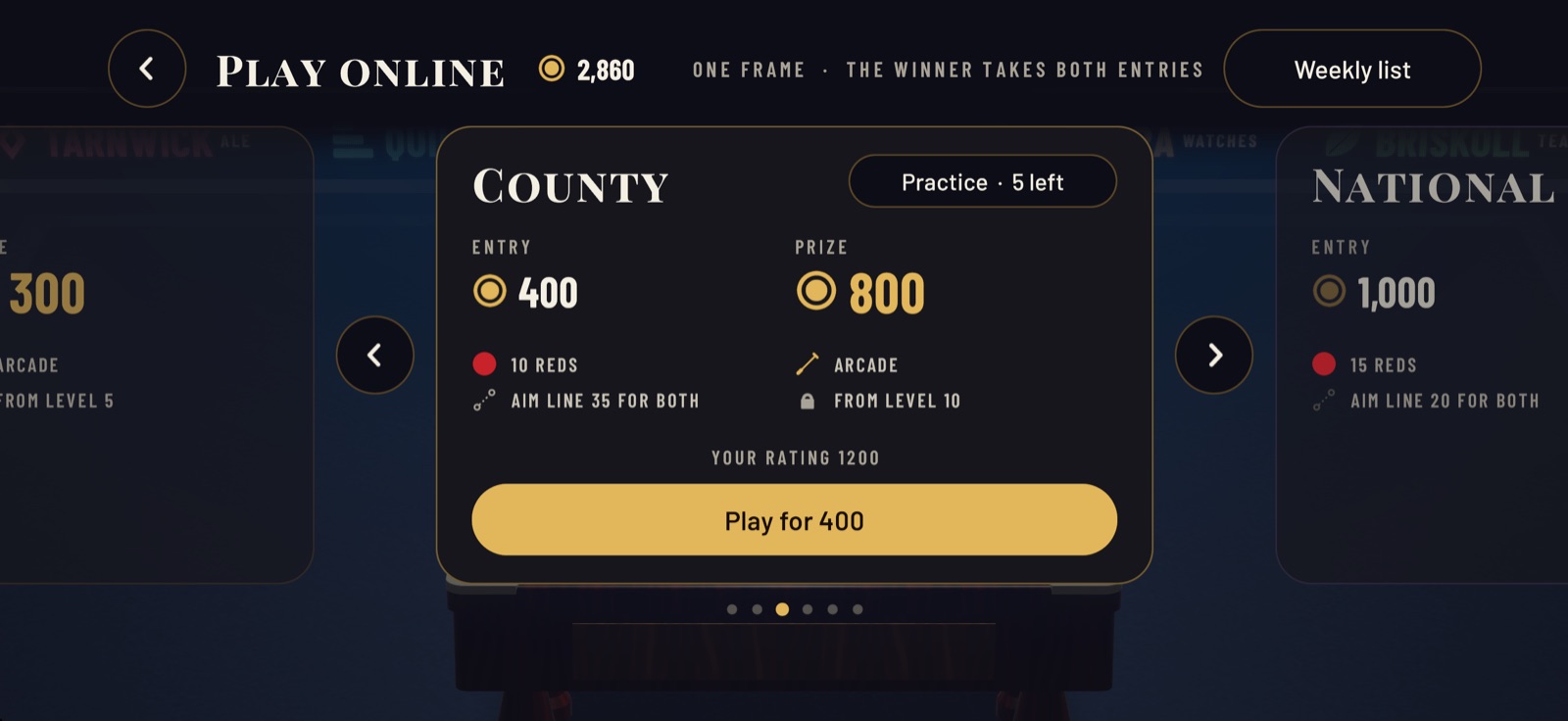The online tables, one card each with its reds, entry and prize.
