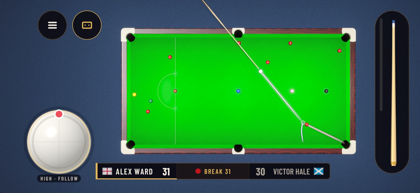 A break of 31 against the computer seen from above: the aim line on a red to the corner pocket, the cue ball's path after it, the spin ball set high and the score bar.